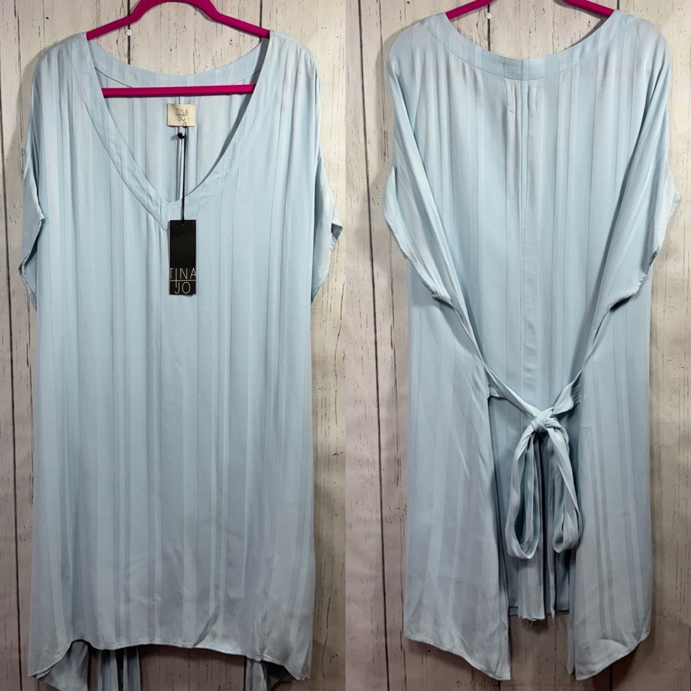 Tina Jo V Neck Tie Back Dress Blue Short Sleeve Relaxed Fit Minimalist Lagenlook